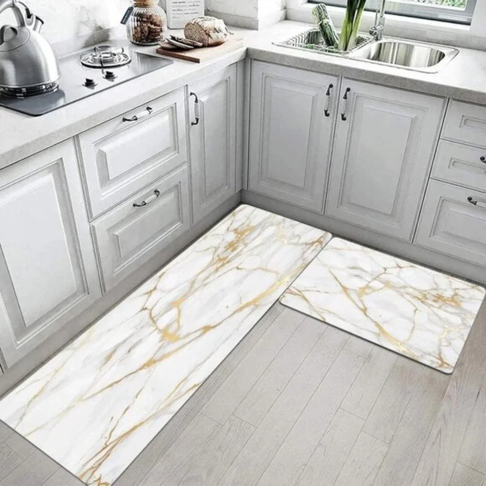 New 2 PCS Marble Kitchen Mats PVC Non Slip Waterproof Kitchen Mats